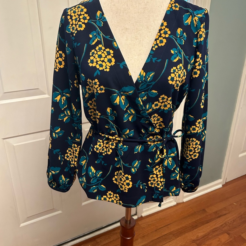 J Crew floral wrap blouse with peplum and waist tie. S. Long sleeve. Navy/yellow